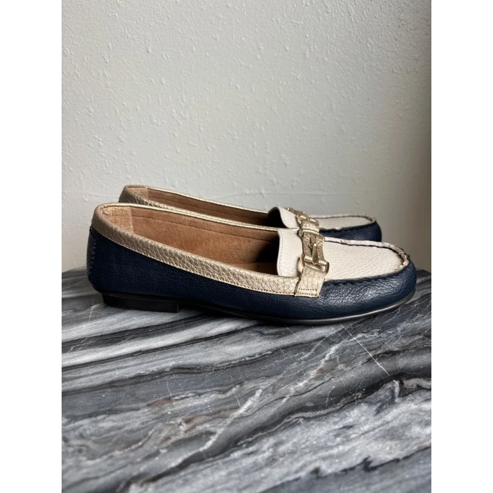 Aerosoles Manuscript Navy‎ Cream Gold Horsebit Loafers Shoes Womens 7.5 M